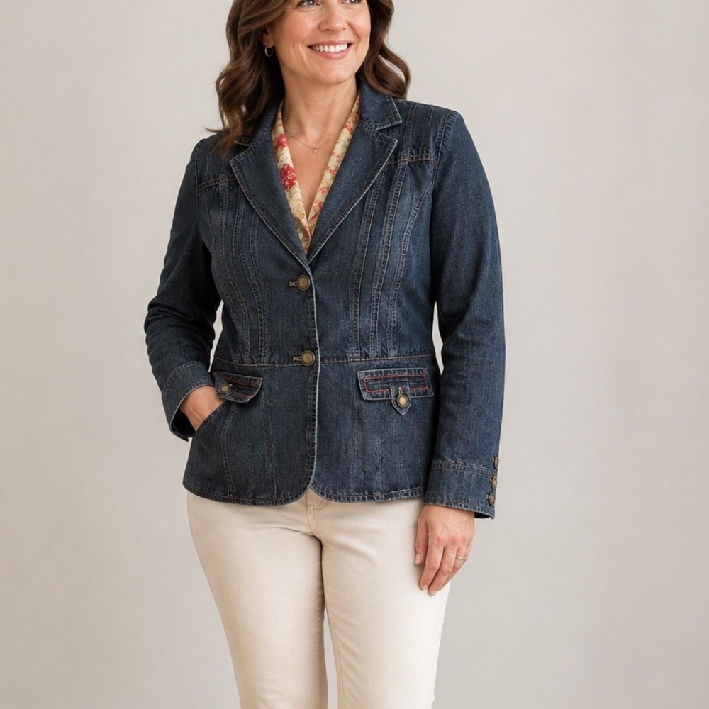 Jones Wear Jeans Size 12 Dark Wash Denim Blazer Floral Lined Cotton Jacket - Picture 8 of 8